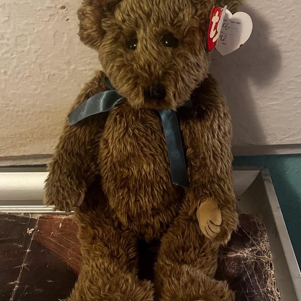 Ty Brown Teddy Bear with Teal Ribbon